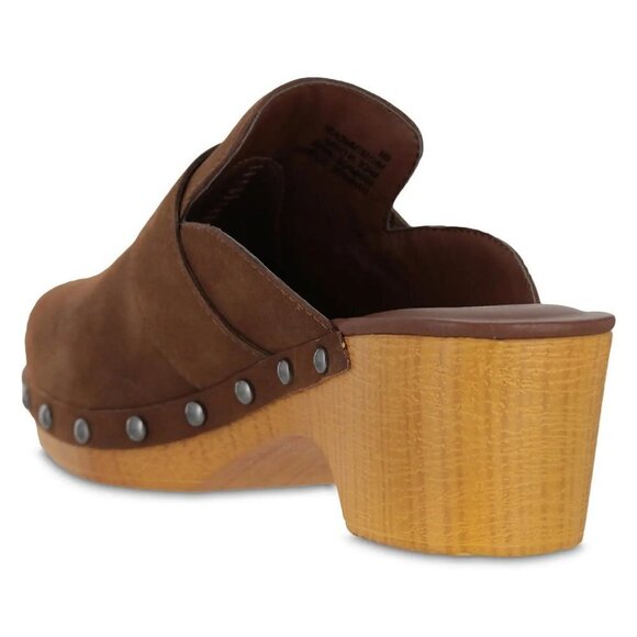 MIA Daisy Heel Clogs Brown Studs Wood Suede Slip On Vegan Leather 70s Y2K NEW - Picture 3 of 16